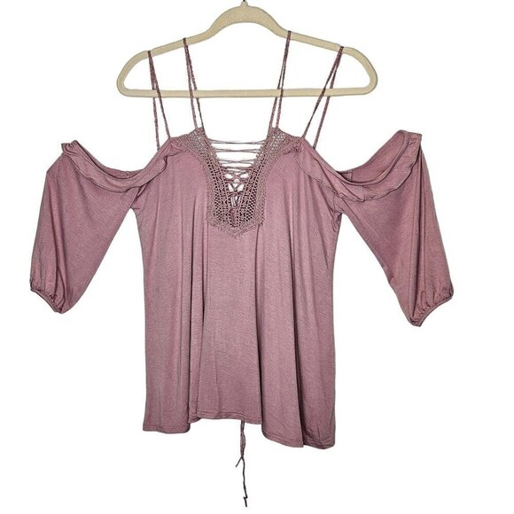 BKE Boutique NWT Women's Cold Shoulder Lace-Up Top M Bamboo Rayon Blend Mauve‎ - Picture 1 of 14